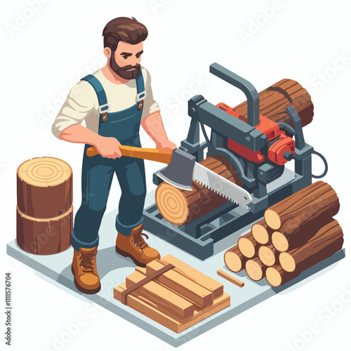 Isometric lumberjack male character holding an axe and wood log. Woodcutter saws tree with chainsaw on sawmill. Firewood processing on a white background