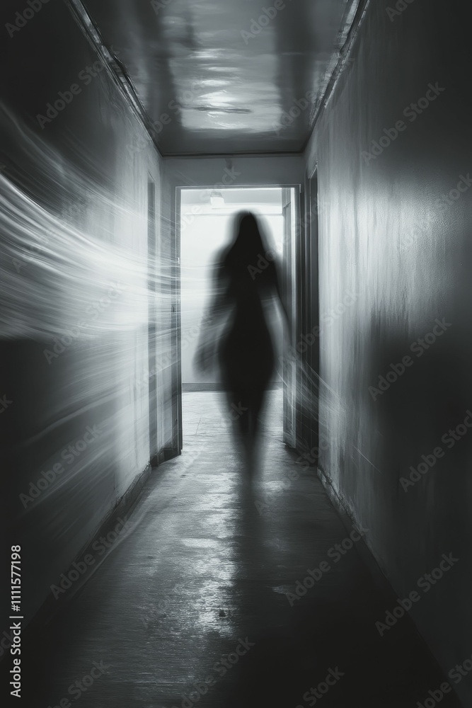 Blurred figure walks down dimly lit hallway. Blurred figure walks down dimly lit hallway.