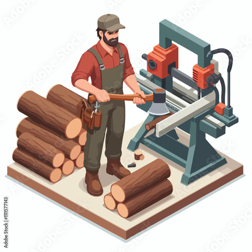 Isometric lumberjack male character holding an axe and wood log. Woodcutter saws tree with chainsaw on sawmill. Firewood processing on a white background