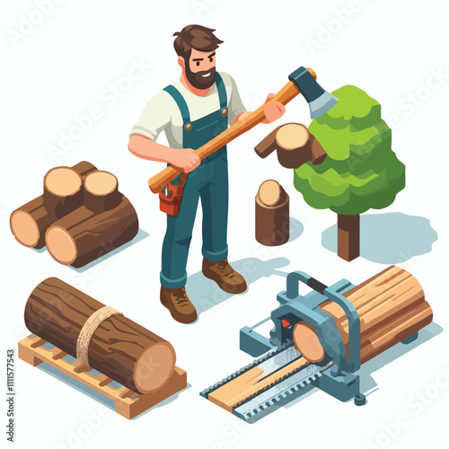 Isometric lumberjack male character holding an axe and wood log. Woodcutter saws tree with chainsaw on sawmill. Firewood processing on a white background