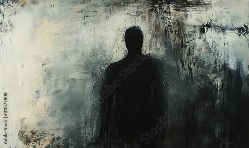 Abstract painting; dark figure, textured background.