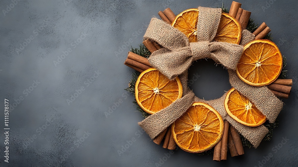 A handcrafted wreath featuring burlap bows, vibrant dried orange slices, and aromatic cinnamon sticks, styled on a textured light gray backdrop. The design exudes rustic elegance and holiday warmth, A handcrafted wreath featuring burlap bows, vibrant dried orange slices, and aromatic cinnamon sticks, styled on a textured light gray backdrop. The design exudes rustic elegance and holiday warmth,