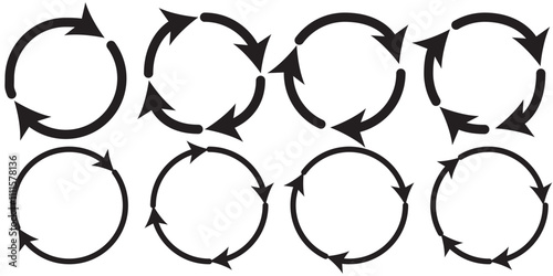 Circle Arrow icon set vector illustration, refresh, reload, Set of circle arrows rotating, different circular arrows of black color isolated, recycle sign, Arrow clock wise rotating symbol, arrow sign