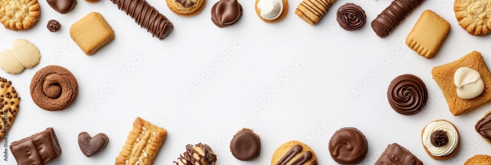 A delightful variety of cookies and sweets spread across a clean white background, featuring ample blank space for personalized messages or text. Generative AI A delightful variety of cookies and sweets spread across a clean white background, featuring ample blank space for personalized messages or text. Generative AI