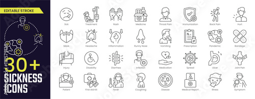 Sickness Stroke icon collections. Containing Sick, Treatment, Rash, Medicine, Immunisation, Back Pain, Joint Pain, First Aid, Coughing, and Fever icons. Editable Stroke icon collection Outline icon