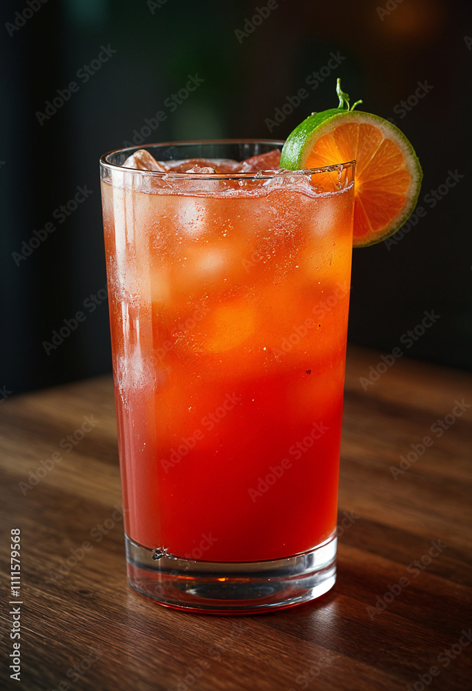 Iced orange beverage garnished lime sits on dark surface. Iced orange beverage garnished lime sits on dark surface.