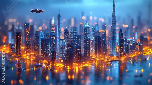 Futuristic city skyline at night, illuminated skyscrapers and flying vehicles.