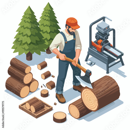 Isometric lumberjack male character holding an axe and wood log. Woodcutter saws tree with chainsaw on sawmill. Firewood processing on a white background