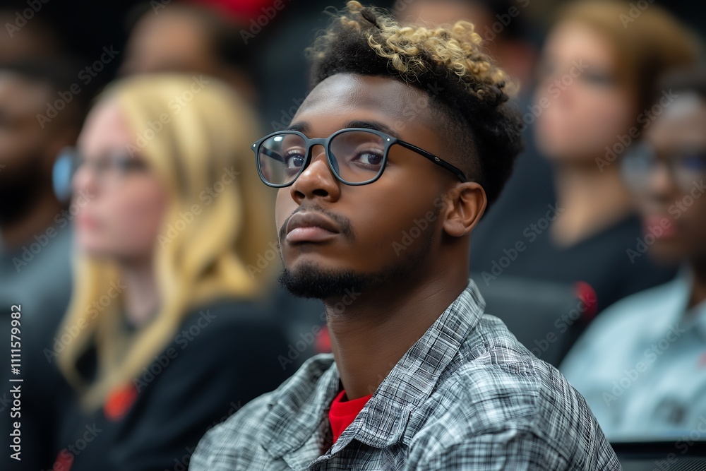 Young Black Man with Blonde Highlights in Glasses Attending a Lecture or Meeting Young Black Man with Blonde Highlights in Glasses Attending a Lecture or Meeting