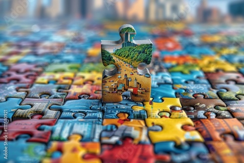 Colorful Puzzle Piece in a Vibrant Landscape Representing Unity and Connection Amidst a Sea of Intricate and Detailed Jigsaw Puzzle Activity for Family and Friends photo