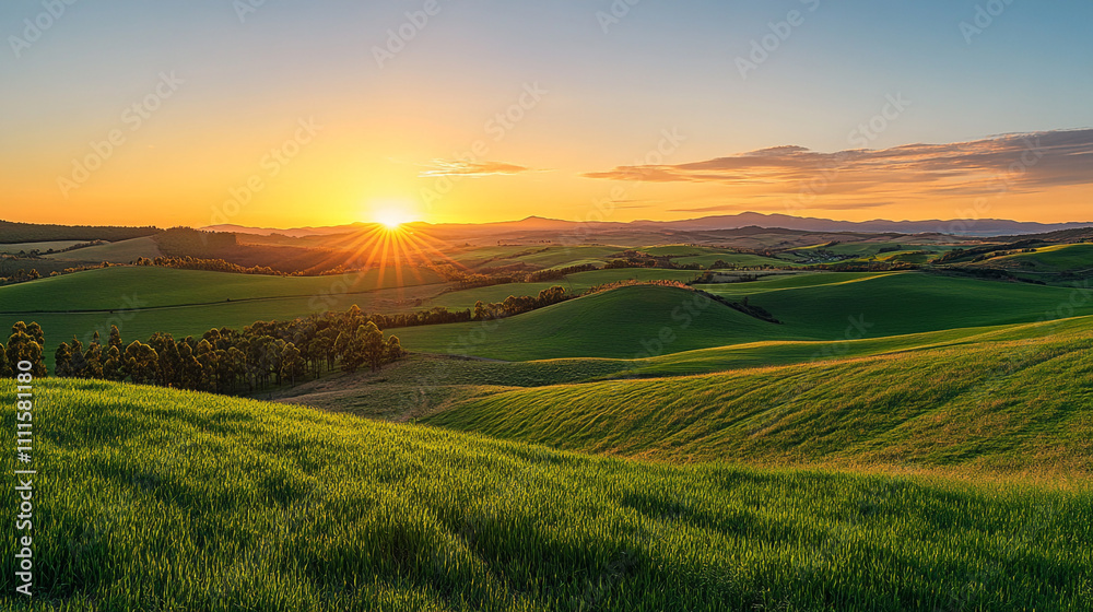 Obraz premium Sunrise over rolling green hills showcasing vibrant landscape in early morning light