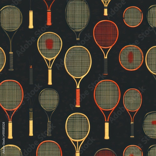 Badminton Rackets and Shuttlecocks Seamless Pattern Watercolor Illustration on Black Background Athletic Sport Design photo