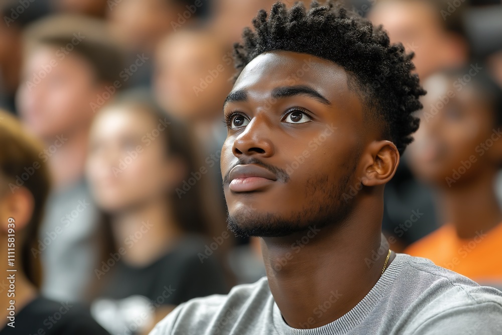 Thoughtful Young Black Man in a Crowd, Pensive Gaze Upward