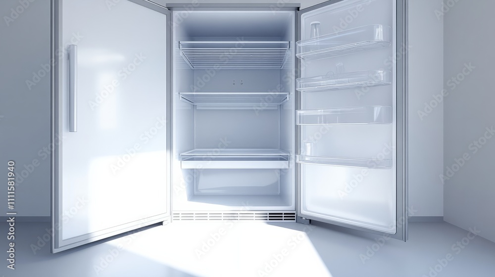 Open Fridge in a Dim Room with Bright Interior Light and Empty Shelves
Open Fridge in a Dim Room with Bright Interior Light and Empty Shelves