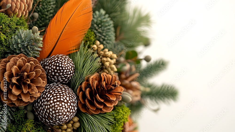 Obraz premium A nature-themed wreath featuring vibrant green moss, speckled feathers, and rustic pinecones, showcased against a warm cream background. Diffused lighting adds elegance and emphasizes texture,