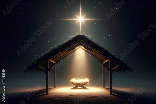 Nativity Scene - Birth Of Jesus Christ With Manger with bright star  And Starry Sky