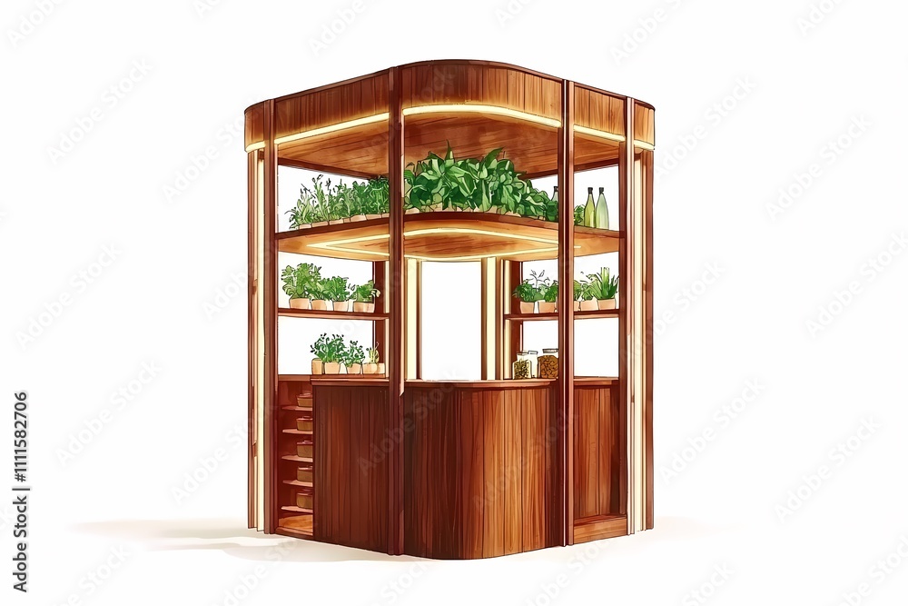 Modern Wooden Kiosk with Shelves and Green Plants for Display Modern Wooden Kiosk with Shelves and Green Plants for Display