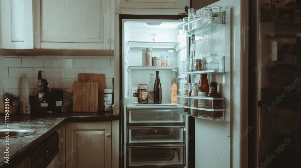 Fototapeta premium Open Fridge in a Dim Room with Bright Interior Light and Empty Shelves