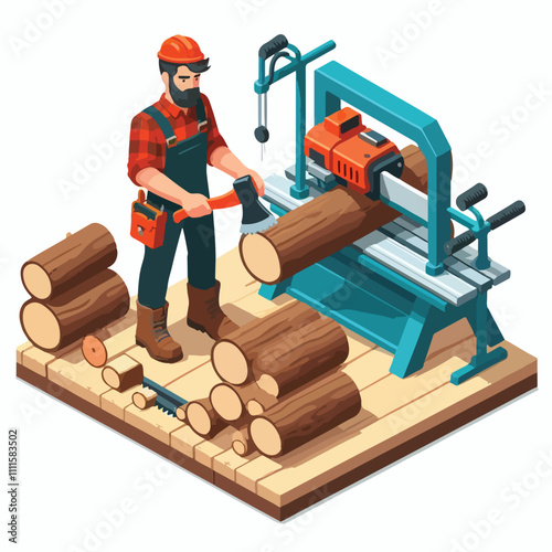 Isometric lumberjack male character holding an axe and wood log. Woodcutter saws tree with chainsaw on sawmill. Firewood processing on a white background