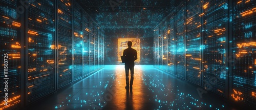 IT specialist working on a laptop in a hightech server room