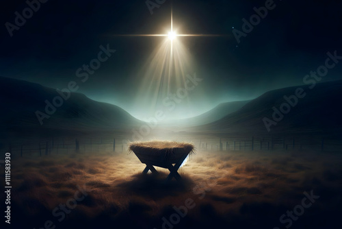 Nativity Scene - Birth Of Jesus Christ With Manger In Snowy Night And Starry Sky