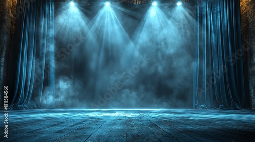 A stage with blue velvet curtains, spotlights, and smoke. (1)