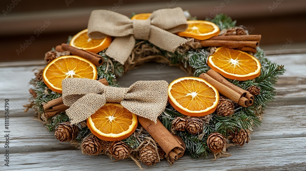 A rustic wreath with burlap bows, bright dried orange slices, and fragrant cinnamon sticks, displayed on a textured natural wood surface. The warm and earthy design exudes holiday coziness, A rustic wreath with burlap bows, bright dried orange slices, and fragrant cinnamon sticks, displayed on a textured natural wood surface. The warm and earthy design exudes holiday coziness,