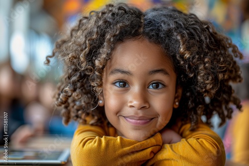 Smiling young girl with curly hair poses cheerfully in colorful environment, radiating joy and happiness, perfect for family and children-themed projects