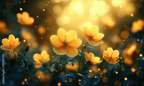 Magical Garden with Glowing Yellow Flowers in Warm Sunlight photo