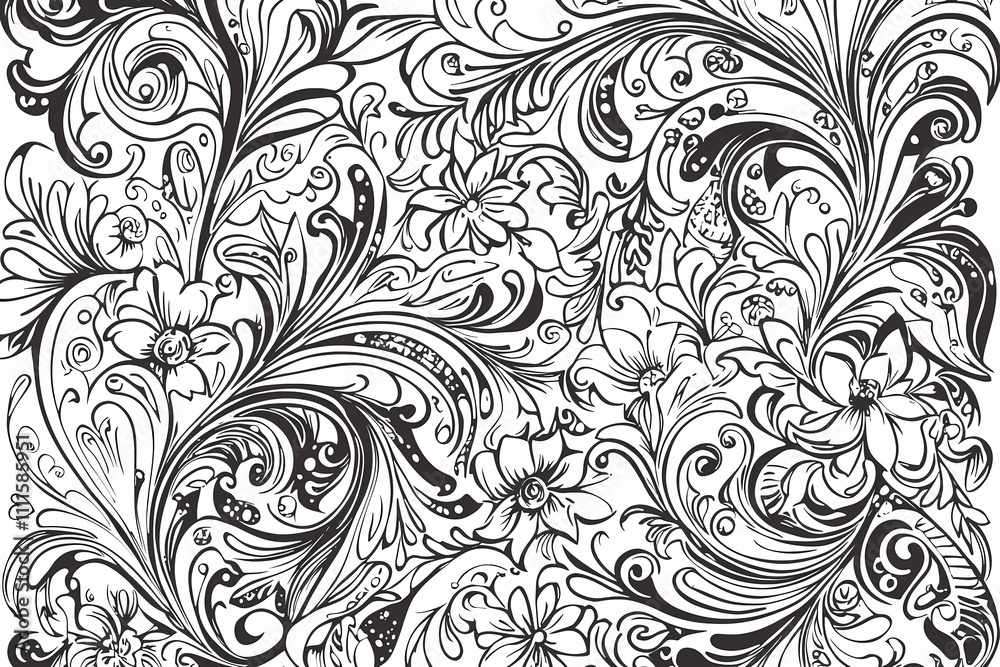 Elegant Black and White Floral Swirl Pattern with Intricate Design Elegant Black and White Floral Swirl Pattern with Intricate Design