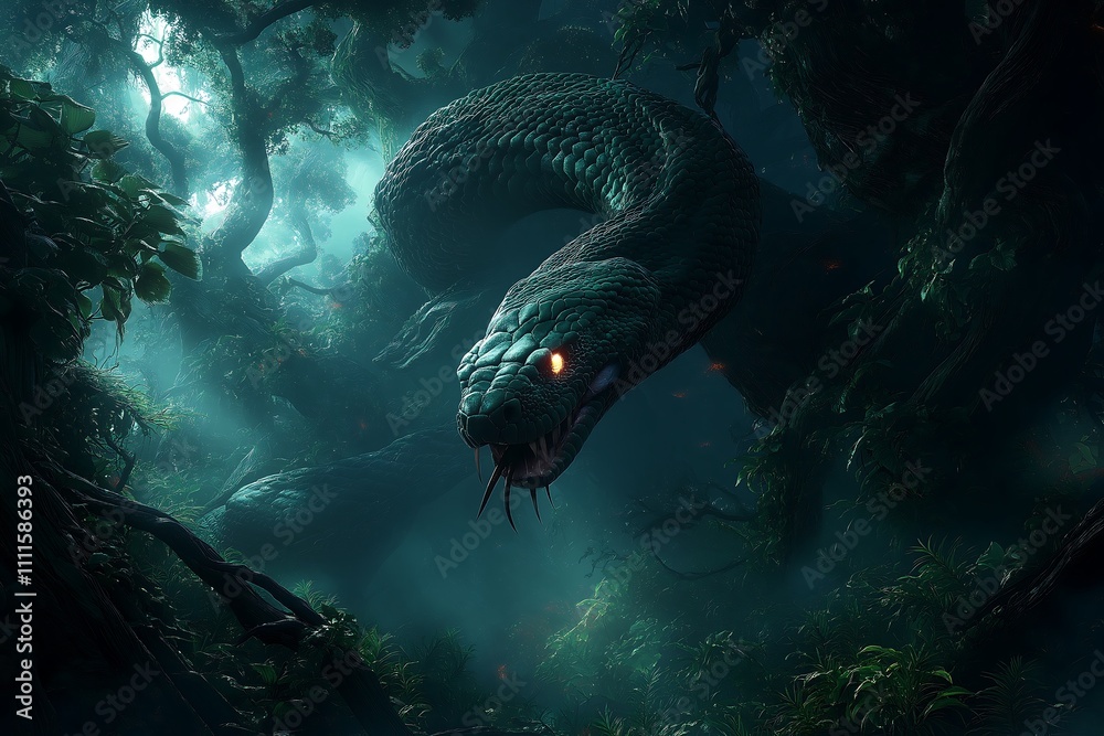 Enormous Emerald Serpent Lurking in Shadowy Jungle Depths