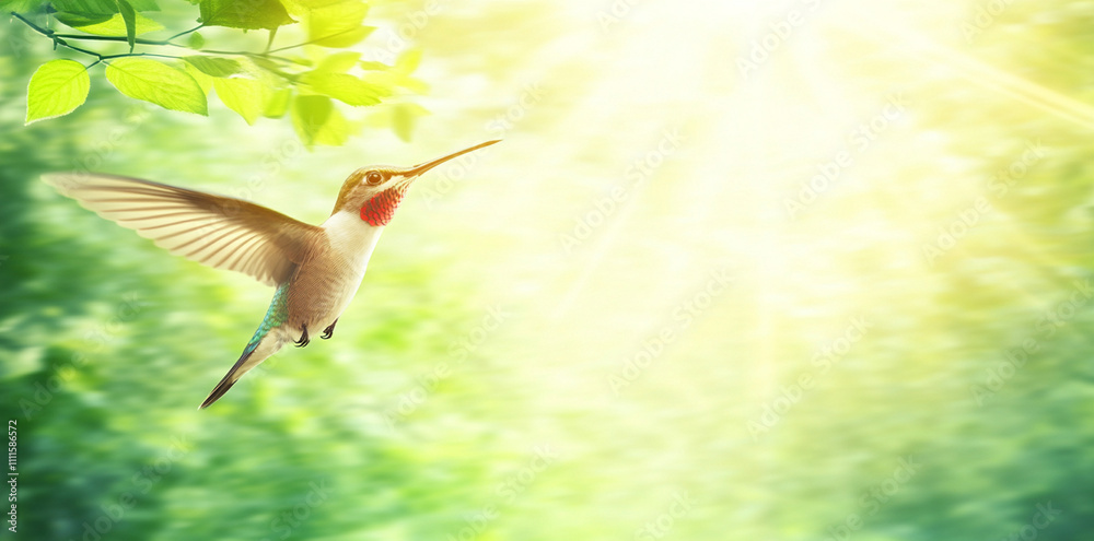 Fototapeta premium beautiful hummingbird flying in air, surrounded by sunlight and greenery
