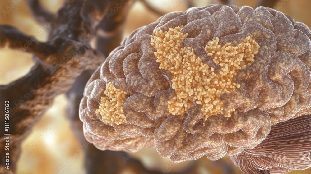 Close-up of human brain showing plaques. Understanding the complexities of neurological conditions through detailed anatomical study