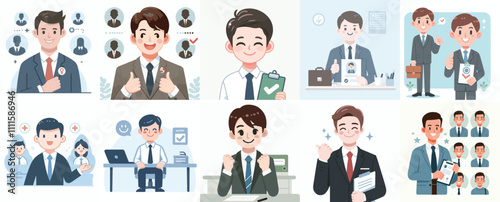 Vector Set of a Human Resources Manager in a Simple Flat Design Style