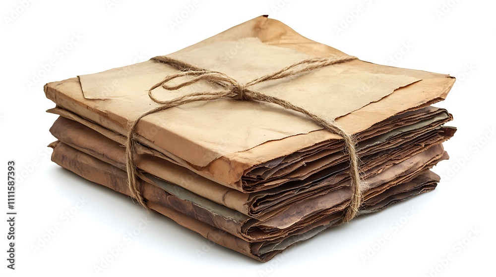 A stack of envelopes tied with twine, isolated on a white background A stack of envelopes tied with twine, isolated on a white background