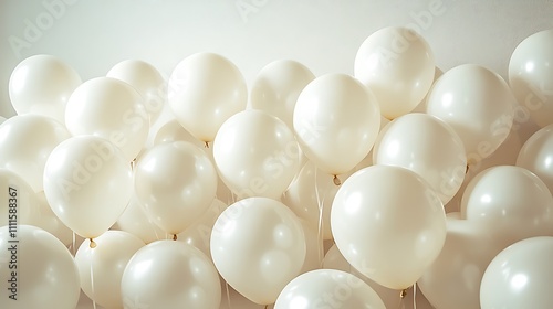 A wall of white balloons, all the same size and color, floating in front of an empty background. 
