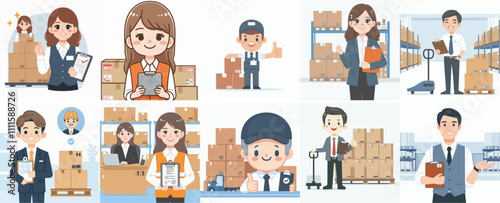 Vector Set of a Warehouse Manager in a Simple Flat Design Style