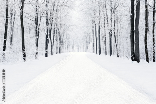 A snow covered road with trees in the background