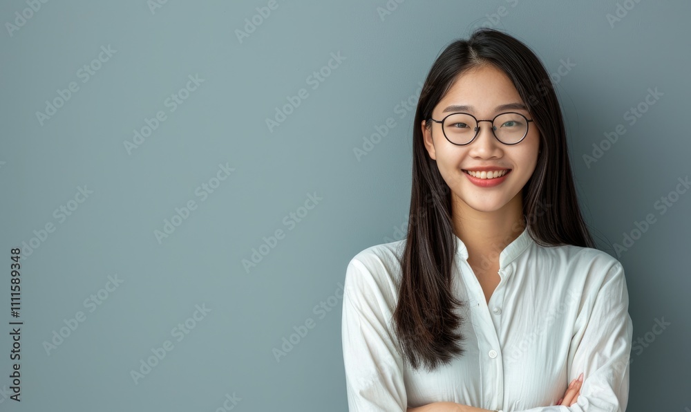 Smiling Korean Young Woman Wearing Glasses and a White Shirt on a Grey Background Smiling Korean Young Woman Wearing Glasses and a White Shirt on a Grey Background