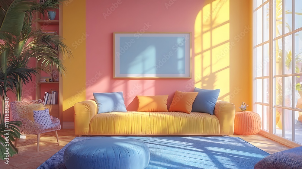 Scandinavian-inspired living room with a soft pink wall and frame mockup, colorful decor Scandinavian-inspired living room with a soft pink wall and frame mockup, colorful decor