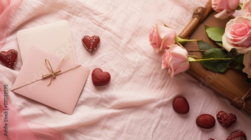 Romantic flat lay composition featuring pink envelope, chocolate hearts, and roses on soft fabric background ideal for love and celebration themes photo