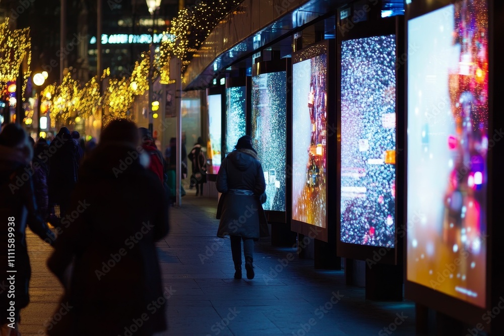 Night city scene; illuminated displays, pedestrians walking. Night city scene; illuminated displays, pedestrians walking.