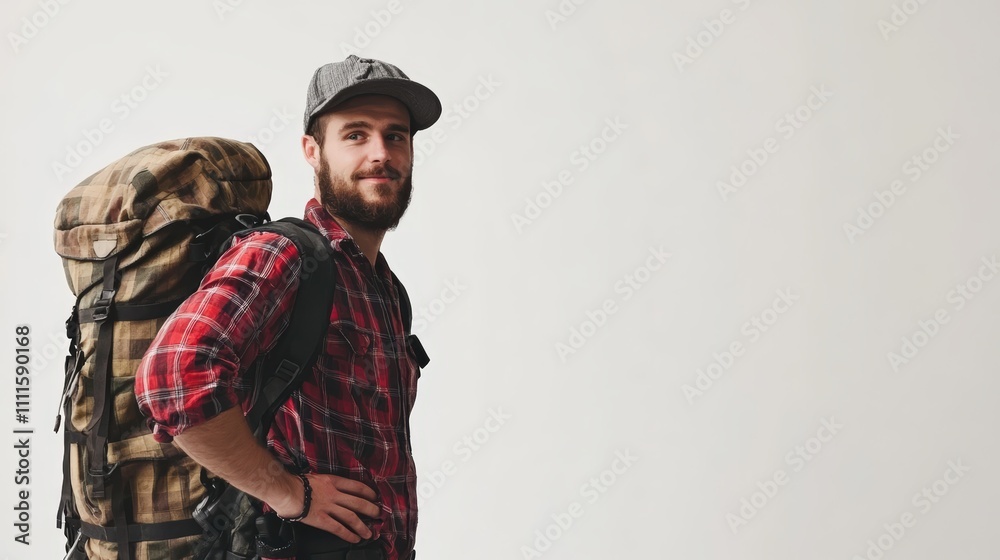 Adventurous Young Man with Backpack and Cap Ready for Hiking Trip Adventurous Young Man with Backpack and Cap Ready for Hiking Trip