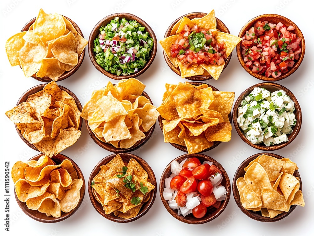 A variety of dips and tortilla chips arranged in a grid on a white background. A variety of dips and tortilla chips arranged in a grid on a white background.