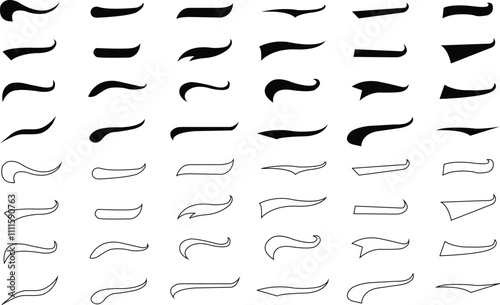 Set of Text Tail Swoosh Baseball line and flat Sign, Typography font curve tail, font swoosh tail ornamental vector, text ornaments football or athletics tail, ornamental swash underline Swirl