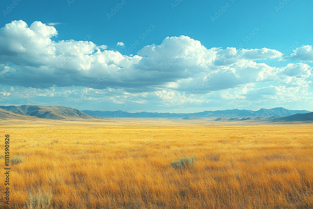 Golden Prairie Landscape Under Blue Sky With Fluffy Clouds Golden Prairie Landscape Under Blue Sky With Fluffy Clouds