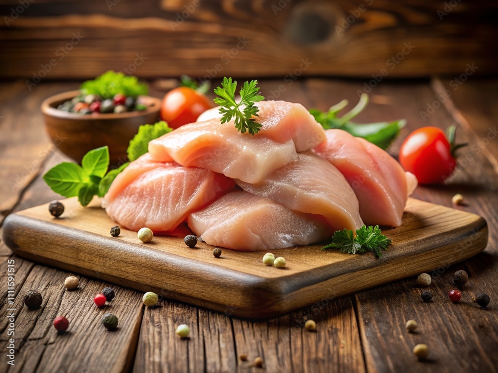 Minimalist Raw Chicken Meat on Wood, Modern Food Photography