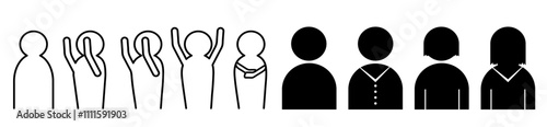 ビジネスアイコン　男性と女性のシルエットと人のポーズ　シンプルなモノクロ素材