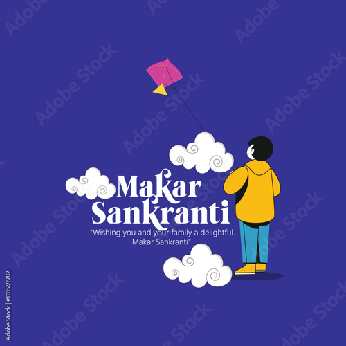 Makar Sankranti celebration with colorful kite. Illustration of a person flying a vibrant kite in the sky, celebrating the joy and spirit of Makar Sankranti with heartfelt wishes.