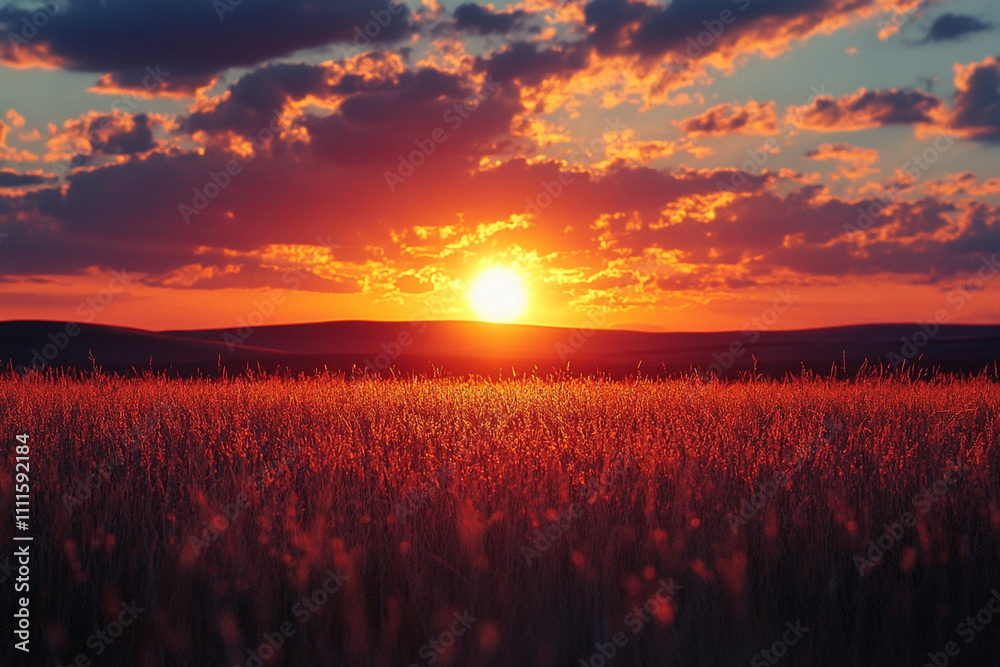Fiery Sunset Over Rolling Hills and Grassland Fiery Sunset Over Rolling Hills and Grassland